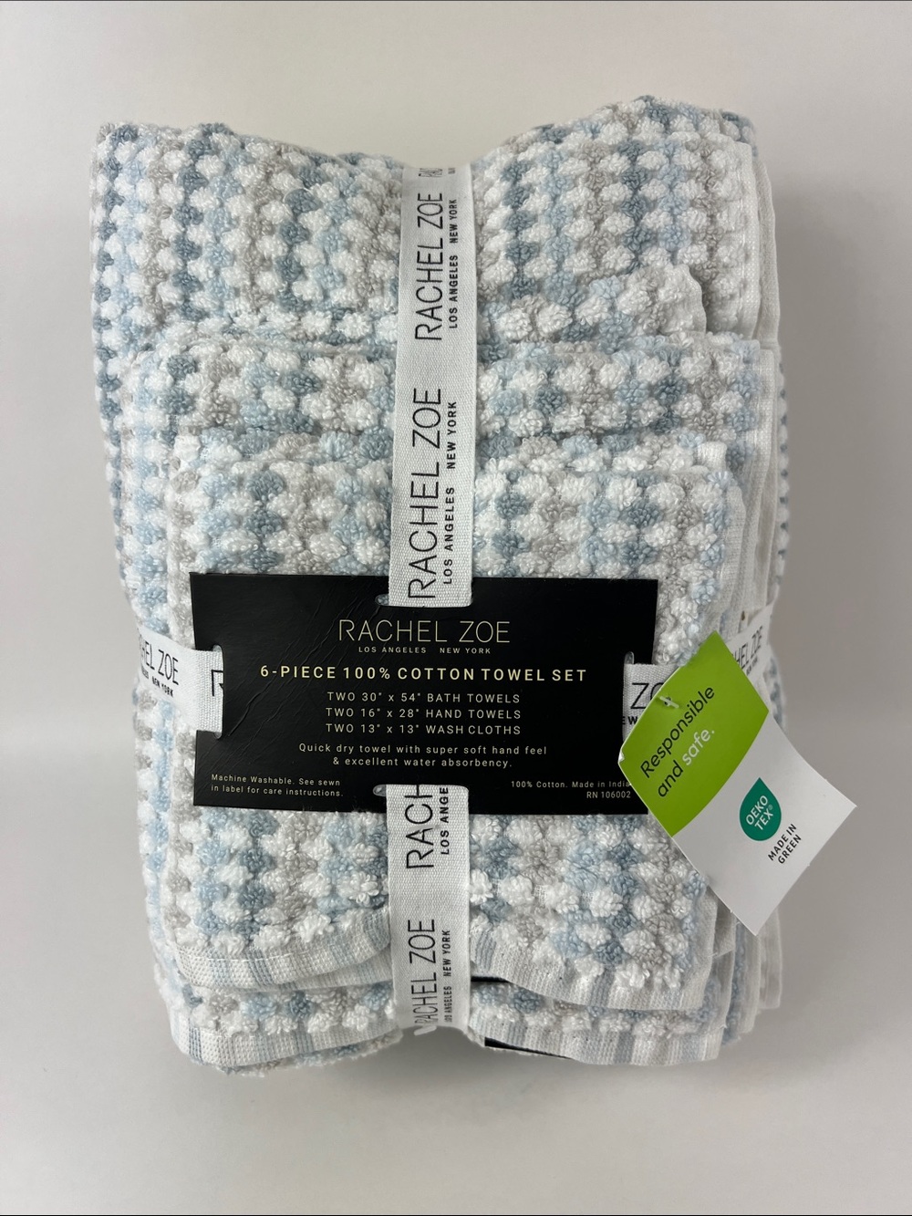Rachel Zoe Towel Set Blue Tan White Waffle Weave Soft 100% Cotton 6 Pc Set NEW